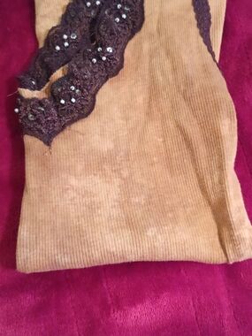 Vtg. Beaded Lace Trim Corduroy Top in Camel and Brown